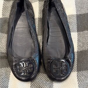 Tory Burch Black Leather Flats with Medallion